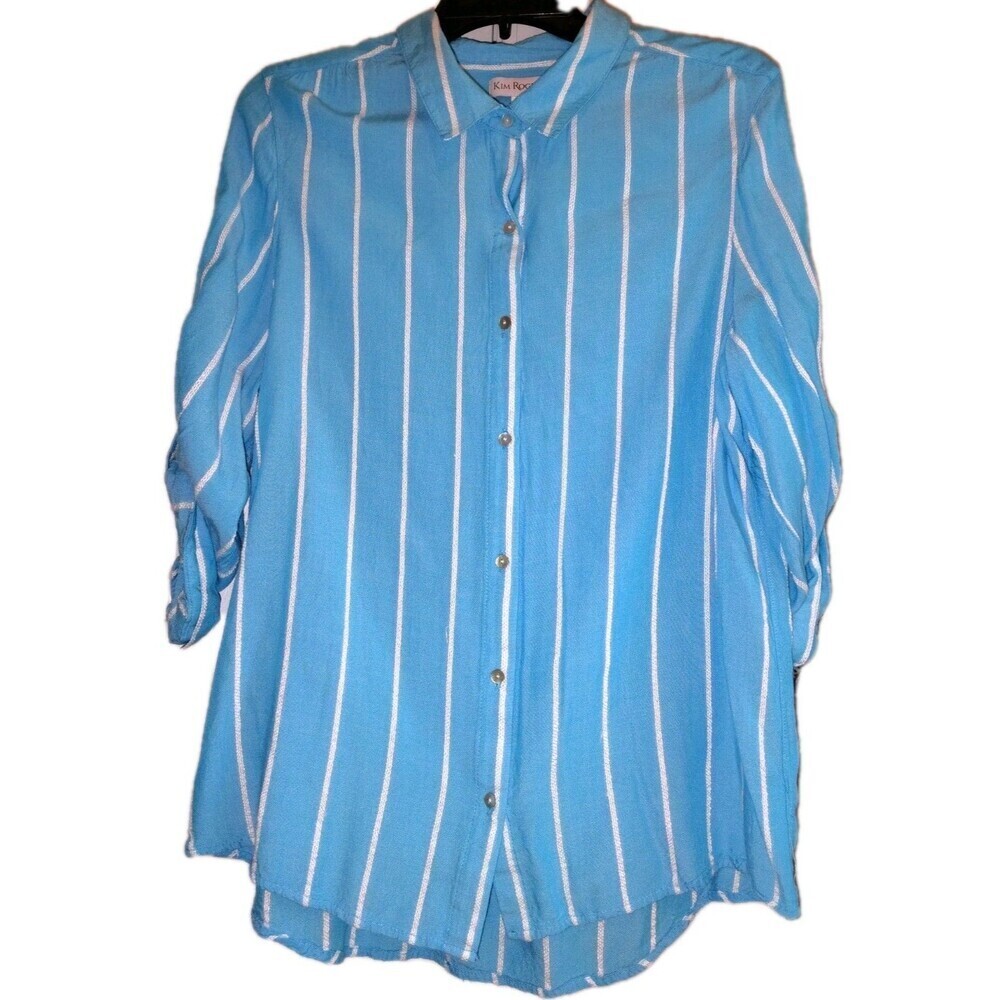 Kim Rogers Blue White Striped Button Down Shirt Large 100% Rayon Tab Sleeve